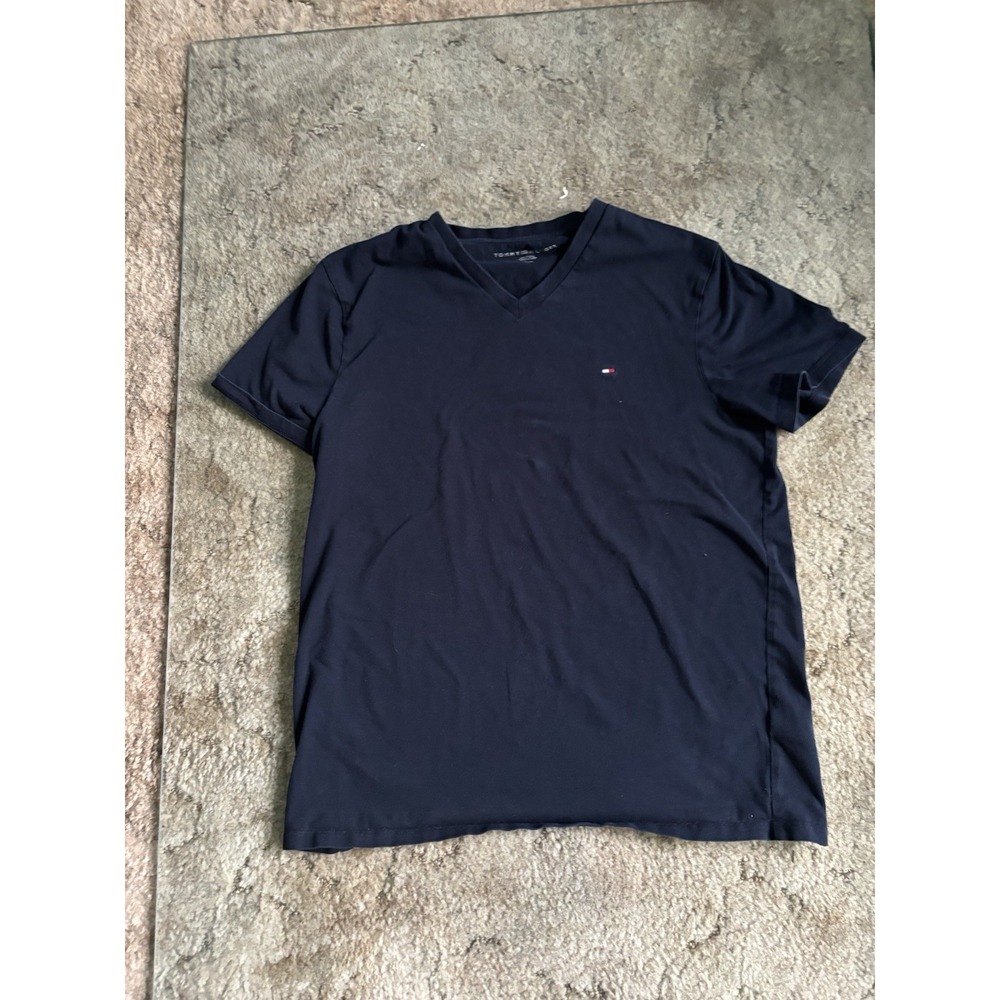 Tommy Hilfiger Mens V-Neck T-Shirt Small S Navy Blue Embroidered Flag Logo Tee